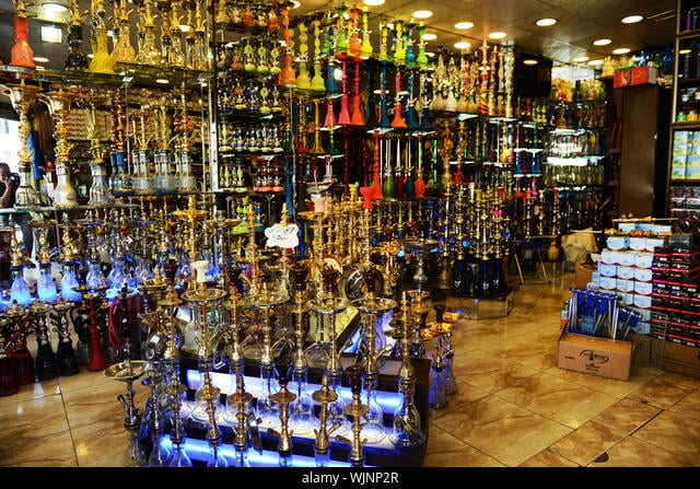 Wicked Hookah showroom — brass hookah pipes on display